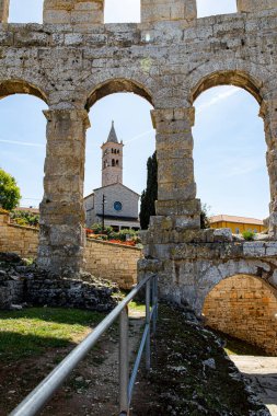Walls of the ancient Roman Amphitheater in Pula, Croatia. April 30, 2022