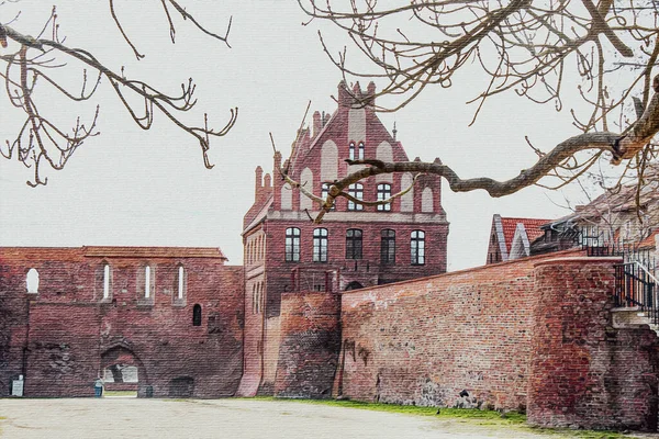 Pintura Acuarela Sobre Lienzo Torun Polonia Europa Ilustración Viajes Arquitectura —  Fotos de Stock