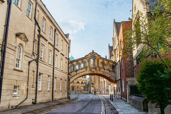 Akvarellfestés Vásznon Oxford Nagy Britannia Európa Utazási Illusztráció Város Építészete — Stock Fotó