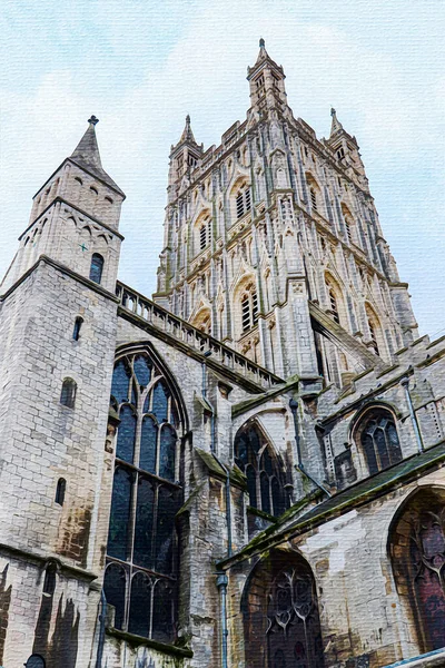 キャンバス上の水彩画 グロスターグロスターグロスター英国 ヨーロッパ 旅行イラスト 都市の建築 大聖堂 — ストック写真