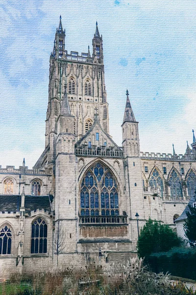 キャンバス上の水彩画 グロスターグロスターグロスター英国 ヨーロッパ 旅行イラスト 都市の建築 大聖堂 — ストック写真