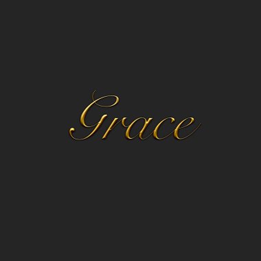 Grace, kadın ismi. Koyu arkaplanda üç boyutlu altın bir simge. Dekoratif yazı tipi. Şablon, imza logosu.