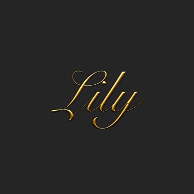 Lily - Female name . Gold 3D icon on dark background. Decorative font. Template, signature logo.