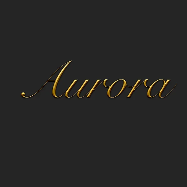 Aurora - Female name . Gold 3D icon on dark background. Decorative font. Template, signature logo.