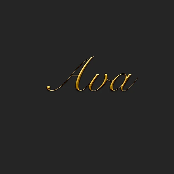 Ava - Female name . Gold 3D icon on dark background. Decorative font. Template, signature logo.