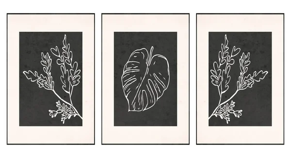 Conjunto Ilustrações Para Impressão Padrão Minimalista Plantas Flores Arte Parede —  Vetores de Stock