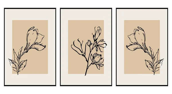 Conjunto Ilustrações Para Impressão Padrão Minimalista Plantas Flores Arte Parede — Vetor de Stock