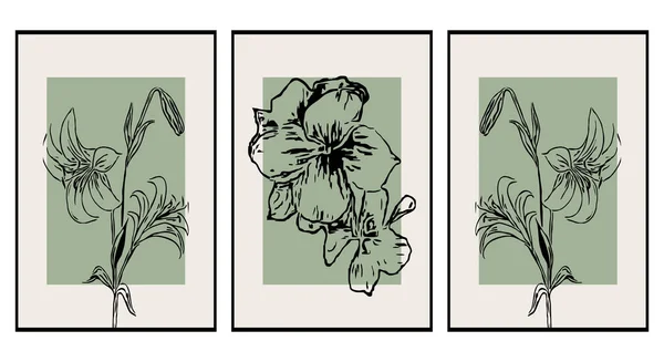 Készlet Nyomtatható Illusztrációk Minimalista Minta Növények Virágok Fali Művészet Lakberendezés — Stock Vector
