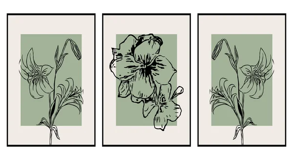 Conjunto Ilustrações Para Impressão Padrão Minimalista Plantas Flores Arte Parede —  Vetores de Stock