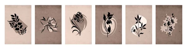 Samling Botaniske Illustrationer Linjekunst Planter Tegning Med Abstrakt Form Mønster – Stock-vektor