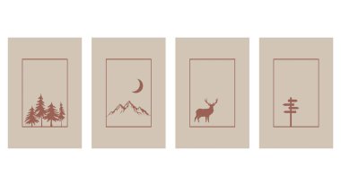 4 botanik duvarı seti. Soyut şekilli tropikal çizimler. Baskı, kapak, duvar kağıdı, minimalist ve doğal duvar sanatı için soyut desen.