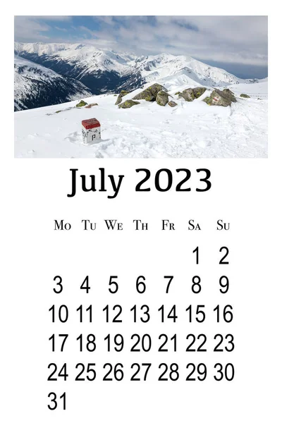 Κάρτα Ημερολογίου Ιουλίου 2023 Εκτυπώσιμη Κάθετη Ημερολόγιο Τοίχου Εβδομάδα Ξεκινά — Φωτογραφία Αρχείου