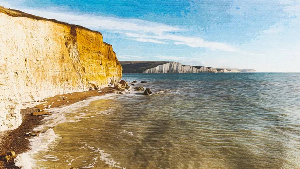 Seven Sisters East Sussex Angleterre Aquarelle Paysage Par Mer Vue — Photo