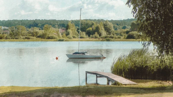 キャンバス上の水彩画 クラシック ポーランド 湖のそばの風景 — ストック写真