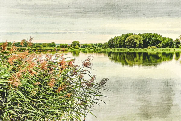 Pintura Aquarela Sobre Tela Krasnik Polónia Paisagem Junto Lago — Fotografia de Stock