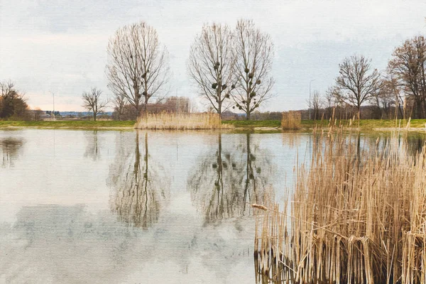 Pintura Aquarela Sobre Tela Krasnik Polónia Paisagem Junto Lago — Fotografia de Stock