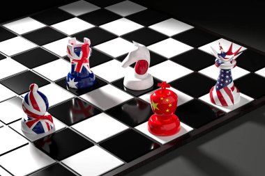 3 boyutlu canlandırma. Şah mat. ABD, İngiltere, Avustralya ve Japonya koalisyon gücü Çin kavramına karşı.