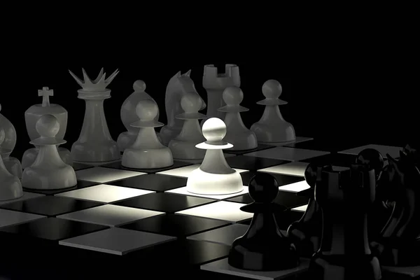 Пластикові Шахові Фігури Шахівниці Білий Пішак Робить Перший Крок — стокове фото