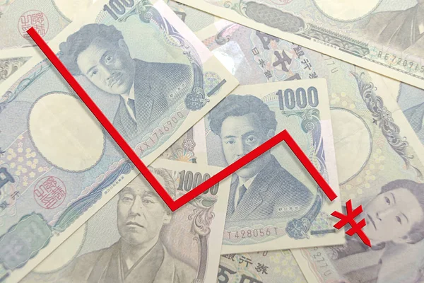 Japon yeninin değer kaybı. Döviz kuru düşüşü. Japon banknotlarının soyu tükeniyor. Yen sembolü ok aşağı doğru.