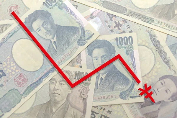 Depresiasi Yen Jepang Penurunan Nilai Tukar Menurunkan Garis Pada Tagihan Stok Foto
