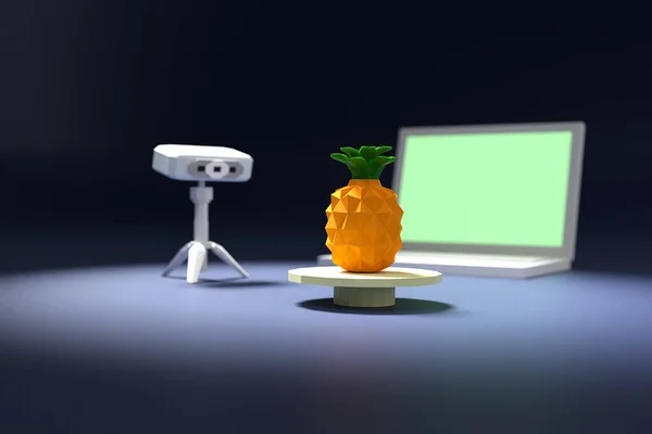 Rendered Image Low Polygon Objects Scanner Notebook Computer Pineapple Turntable — Stock Photo, Image