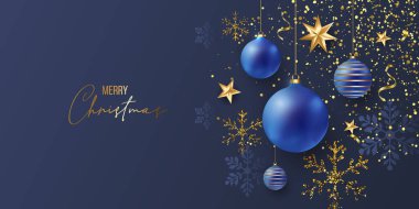 2022 Şık Lüks Noel seti ve mutlu yıllar Poster Şablonları, Altın Kar Taneleri ve mavi arka planda toplar. Vektör çizimi. Kar tanesi çerçevesi ve ışıltılar. Altın Noel baloları.