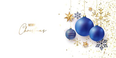 2022 Şık Lüks Noel seti ve mutlu yıllar Poster Şablonları, Altın Kar Taneleri ve mavi arka planda toplar. Vektör çizimi. Kar tanesi çerçevesi ve ışıltılar. Altın Noel baloları.
