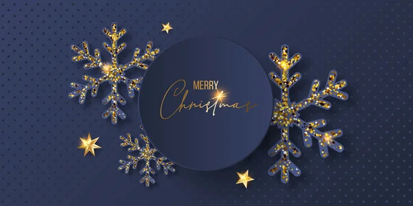 2022套豪华雅致的圣诞佳肴和快乐的新年海报模板卡片 金色雪花和蓝色背景的球 矢量图解 雪片般的框架和闪光 金圣诞球 — 图库矢量图片