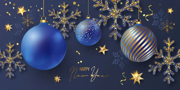 2022套豪华雅致的圣诞佳肴和快乐的新年海报模板卡片 金色雪花和蓝色背景的球 矢量图解 雪片般的框架和闪光 金圣诞球 — 图库矢量图片