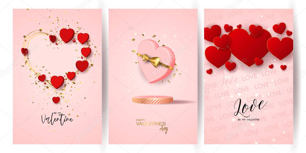 Valentine`s day sale vector banner. Be my valentine banner with 3d heart, gift box, gold confetti, podium on reb background.  Vector illustration. 3D realistic design template with podium and gift