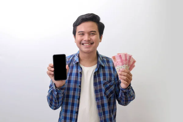 Portrait Excited Asian Man Blue Plaid Shirt Standing White Background — Stok Foto