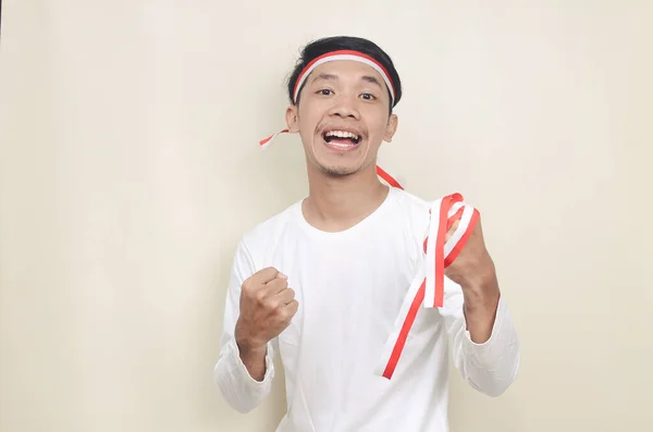 Indonesian Man Celebrate Independence Day Excited Expression — Stok fotoğraf