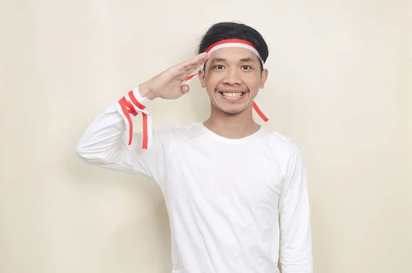 Asian Man White Shirt Wearing Red White Ribbon His Head — Stok fotoğraf