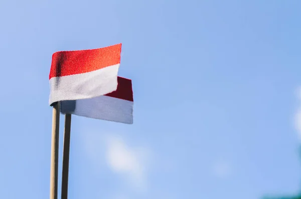 Small Red White Color Flag Blue Sky Background — Fotografia de Stock