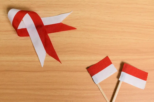 Red White Ribbon Flag Empty Space Background Concept Celebrating Indonesian - Stock-foto