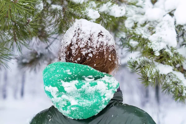 髪の毛の雪片 ヘアリアビューに雪のフレークで雪の冬の日に美しい若い女性 雪の下で10代の少女 凍てつく森の中の週末の屋外で ストック画像