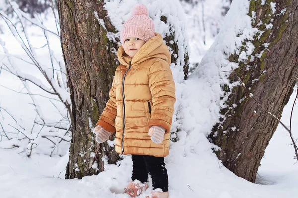 Portrait Beautiful Little Girl Standing Frosty Snowy Winter Day Trees — Stock Photo, Image