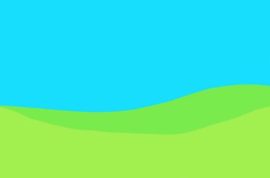 Basit yeşil alan, minimalizm. Bahar yeşili ve mavi gökyüzü. Tepelerin ve gökyüzünün görüntüleriyle bir yaz manzarasının basitleştirilmiş arkaplanı ve metin alanınız için alan ve gökyüzü.