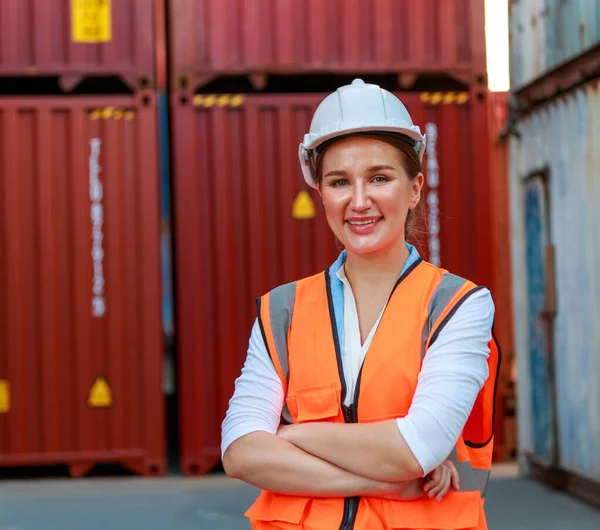 Portrait Smiling Female Container Employee Foreman Wearing Hard Hat White — 스톡 사진