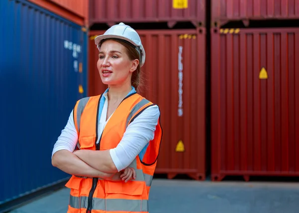 Portrait Smiling Female Container Employee Foreman Wearing Hard Hat White — 스톡 사진