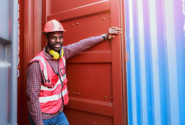 Portrait African American Male Employee Supervisor Wearing Safety Helmet Working — Stock Photo, Image