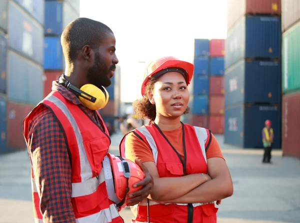 African American Male Female Worker Supervisor Wearing Safety Vest Hard — 스톡 사진