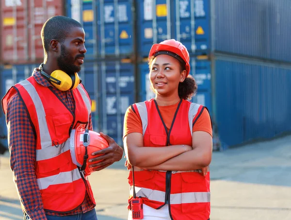 African American Male Female Worker Supervisor Wearing Safety Vest Hard — 스톡 사진