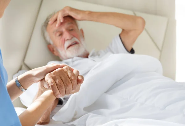 Close Caucasian Old Man Young Doctor Holding His Hand Care — Foto Stock