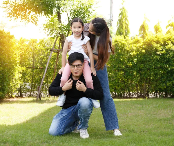 Asian Family Happy Bright Cute Daughter Resting Playing Grass Let — Stockfoto