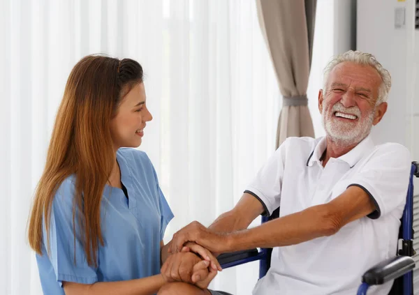 Female Doctor Helping Care Holding Hands Encourage Talk Caucasian Older — ストック写真
