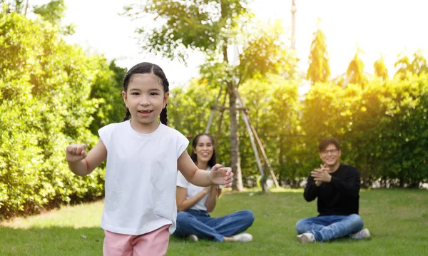 Asian Family Bright Cute Daughter Relaxing Running Clear Blue Sky — Stock Photo, Image