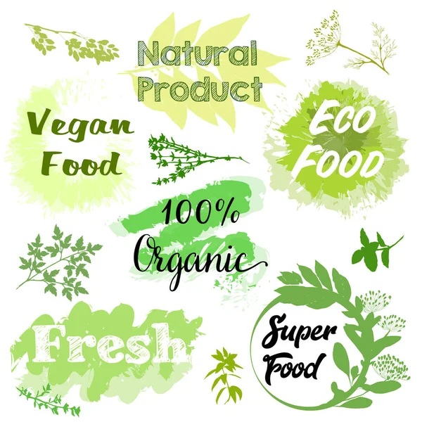 Jelképek Feliratok Egészséges Bio Természetes Élelmiszerek Termékek Étlap Étterem Étel — Stock Vector