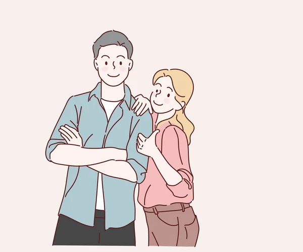 Pareja Sonriente Enamorada Mano Dibujada Estilo Línea Delgada Ilustración Vectorial — Vector de stock