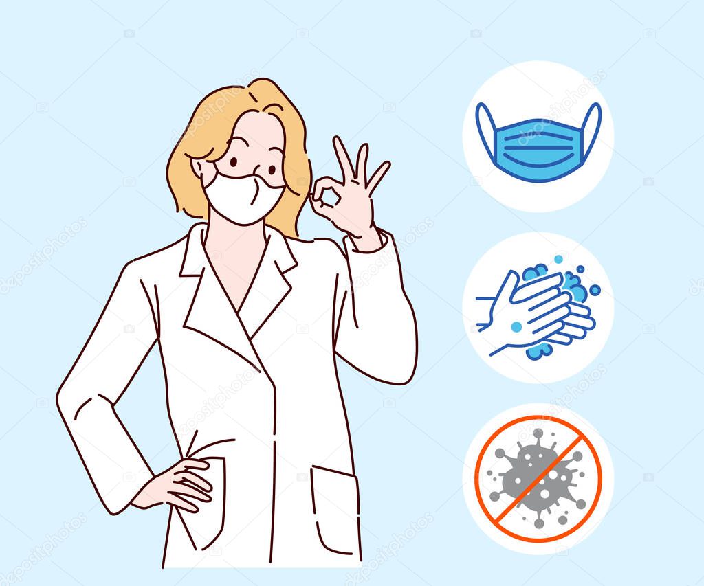 Young woman is wearing face mask and showing OK sign, smiling and confident. Hand drawn in thin line style, vector illustration. (A Mask can be removable)